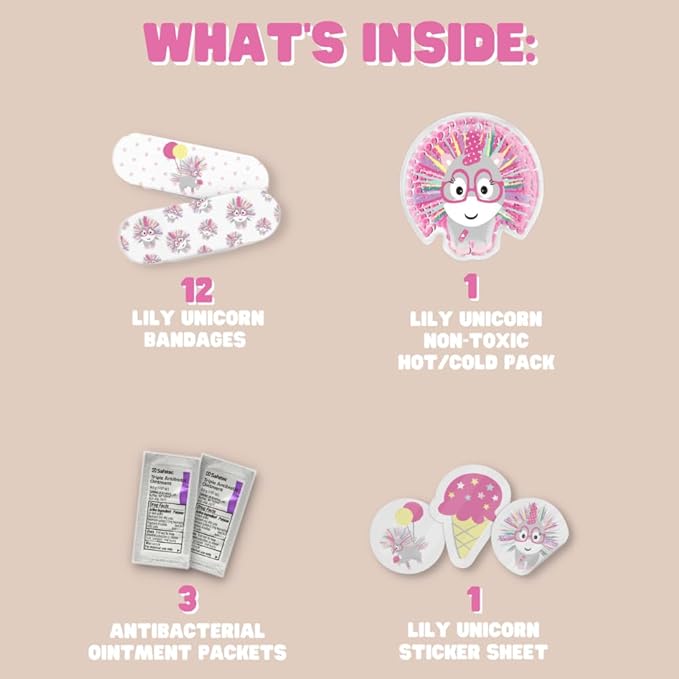 Plush Emergency Kit for Home – Compact Travel Size – Kids Medical Kit – Toddler Care Kit – Mini Boo Boo Bag – Small Emergency Kit for Classroom – Lily Unicorn Plush Bag