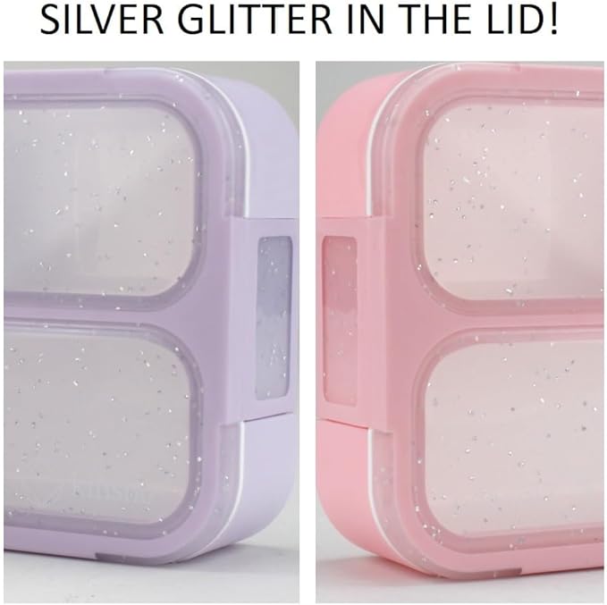 Kids Glitter Snack Container - Mini Bento Lunch-Box, Small Leakproof Container Boxes for Toddlers Girls Snacks Lunches, 3 Compartment - School Daycare Portion Containers, Pink Purple Sparkle Set of 2