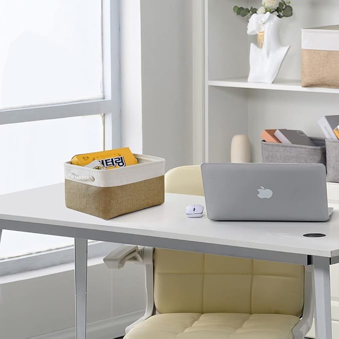 TheWarmHome Storage Basket for Organizing - 14x10x7 inch Medium 3 Pack Collapsible Storage Bin for Shelves with Handles, Canves Storage Box for Organizer Cubes Cloth Gift Toy Closet (White & Khaki)