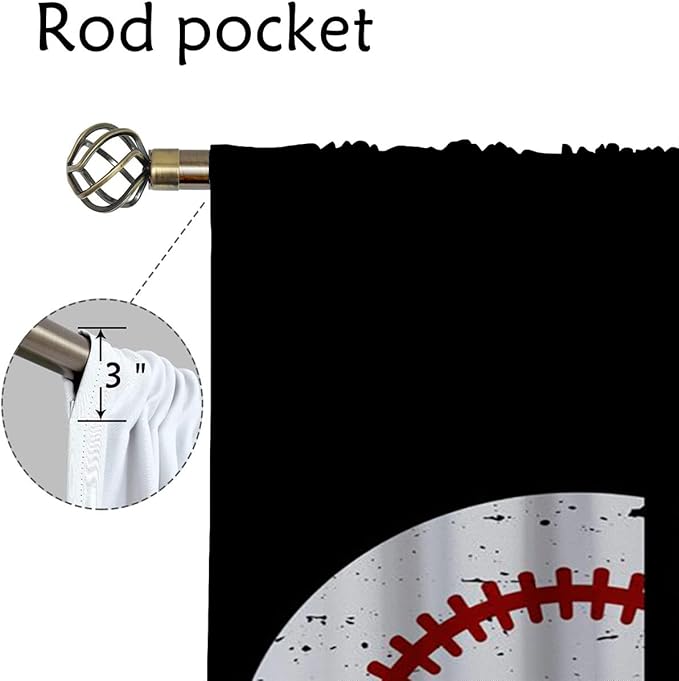Baseball Blackout Curtains for Boy Girl Room Darkening Decor,Sport Theme Red and White Motto Dark Bedroom Living Room Home Rod Pocket Thermal Insulated Window Curtain/Drapes Panel,55x63 Inch…