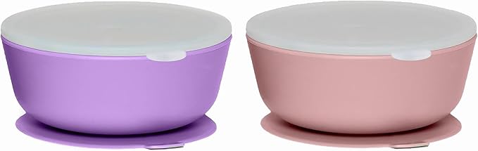 WeeSprout Suction Bowls for Baby & Toddlers (Set of 2) - 100% Silicone w/Plastic Lid - Leak Proof Feeding Supplies - Dishwasher & Microwave Safe Infant Dinnerware w/Extra Strong Base