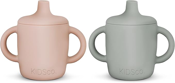 Silicone Sippy Cups with Easy Grip Tranition Handles and a Soft Spout. A Non Toxic No Spill Unbreakable Training Cup. 150ml/5oz |2-PACK Pink and Grey Mist|