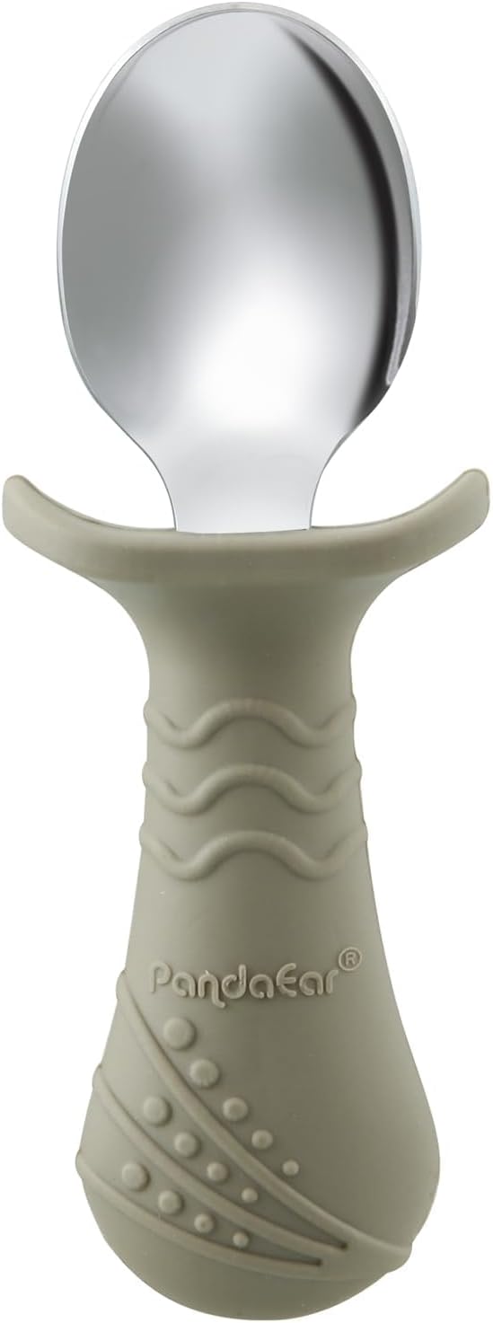 PandaEar Baby Toddler Fork and Spoon Utensil Set, 6 Pack Silicone Stainless Steel Silverware Spoon Fork for Babies Toddler, BPA Free with Silicone Holding Anti-Choke Design (Light Tan&Walnut&Grey)