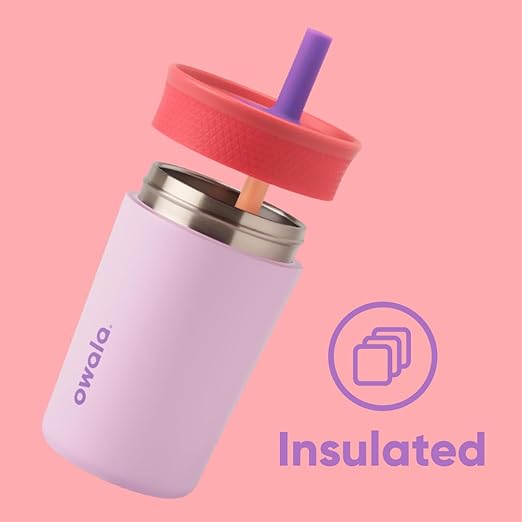 Owala Kids Insulation Stainless Steel Tumbler with Spill Resistant Flexible Straw, Easy to Clean, Kids Water Bottle, Great for Travel, Dishwasher Safe, 12 Oz, Pink and Purple (Lilac Rocket)