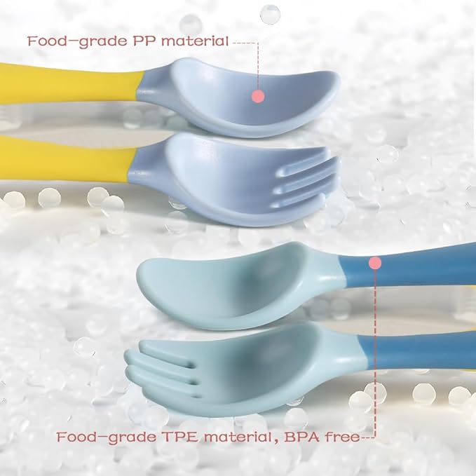 Baby Utensils Spoons and Forks Set Bendable Self-Feeding Silverware for Toddler Children with Travel Case Gum Friendly Food Grade (Yellow+Green, 2 Set)