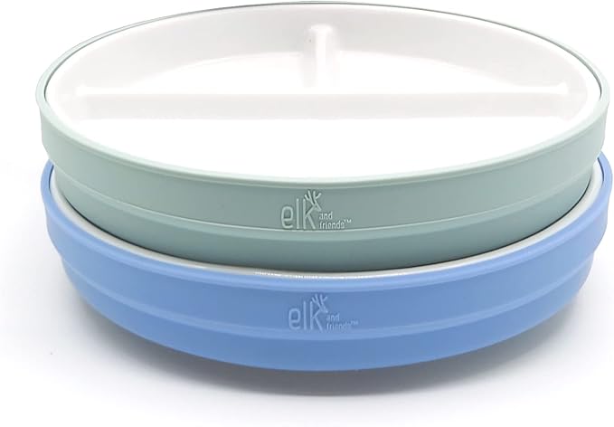 Elk and Friends Kids 6.7” Porcelain Divided Plates with Silicone Sleeves | Suitable for Babies/Kids/Toddlers | Microwave & Dishwasher Safe | Non Slip | Snack Dishes