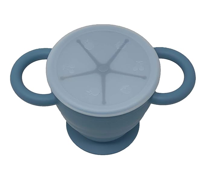 BraveJusticeKidsCo | Snack Attack II Snack Cup | Collapsible Silicone Snack Container | Toddler and Baby Snack Catcher Lid (Blue Steel)