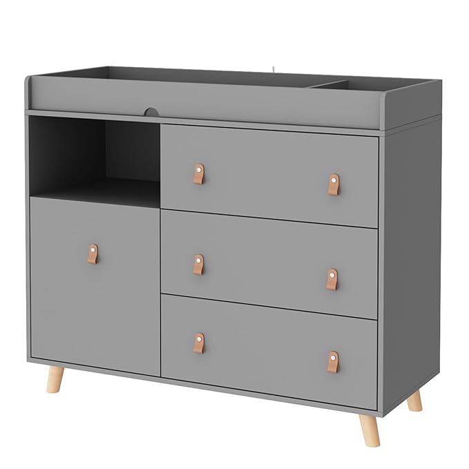 Baby Dresser Changing Table with Drawers,Shelf,Hidden Laundry Basket Storage,2 in 1 Nursery Dresser Chest for Infants, Baby Diaper Changing Station for Daycare,Bedroom,Grey