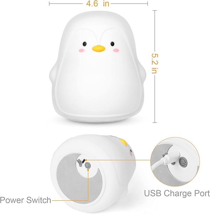 Penguin LED Night Light for Kids, Cute Nursery Color Changing Kids Night Light with Tap Control, USB Rechargeable Portable Squishy Silicone Soft Lamp Gifts for Baby Girls Boys Toddler Children Bedroom