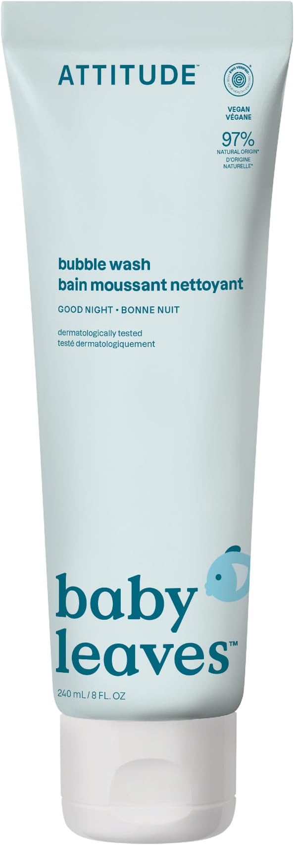 ATTITUDE Bubble Body Wash for Baby, EWG Verified, Dermatologically Tested, Plant and Mineral-Based, Vegan, Good Night, 8 Fl Oz