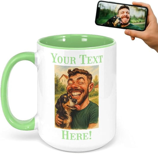 Personalized Coffee Mug, Custom Photo Caricature Gift, Funny Customized Coffee Gift for Men & Women, Custom Mugs with Pictures, Light Green 15oz Customized Ceramic Tea Cup