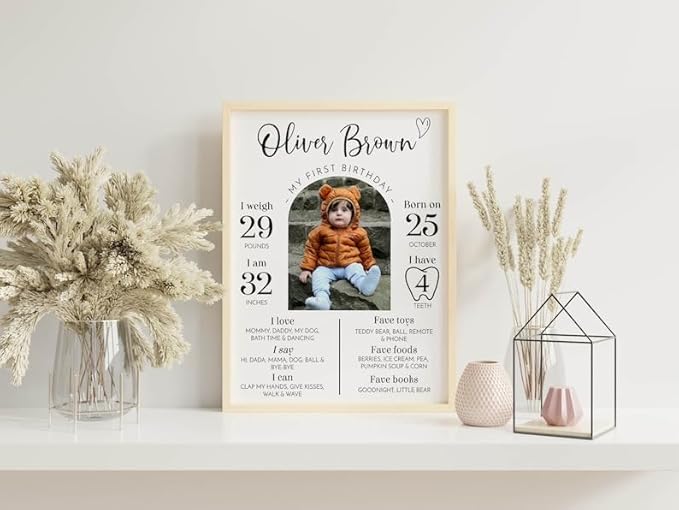 Personalized First Birthday Milestone Sign, Modern 1St Birthday Milestone Poster, One Year Of Baby Photo Milestone Board, Design 013