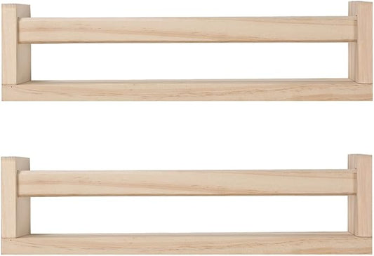 Nursery Floating Book Shelves for Kids Room, Kitchen Spice Rack, or Rustic Wall Mounted Shelves for Farmhouse Bathroom Decor (Natural Wood),Set of 2
