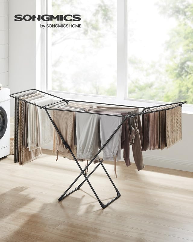 SONGMICS Clothes Drying Rack, Metal Laundry Drying Rack, Foldable, Space-Saving, Free-Standing Airer, with 2 Gullwings, Indoor Outdoor Use, Bed Linen Clothing, Black ULLR540B01