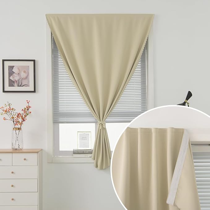 Self Adhesive Portable Blackout Curtains for Bedroom Easy to Install Window Thermal Lnsulated Kitchen Room Darkening Small Window Curtains, Cortinas Para Cuarto, 47"W X 71"L, Beige, 1 Panel