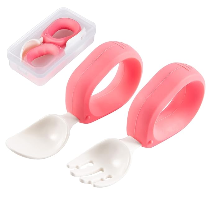Training Spoon & Fork with Travel Case Pink | Toddler Self Feeding Utensil Set, BPA-Free Cute Circle Silicone ABS Spoons Set for Baby Led Weaning
