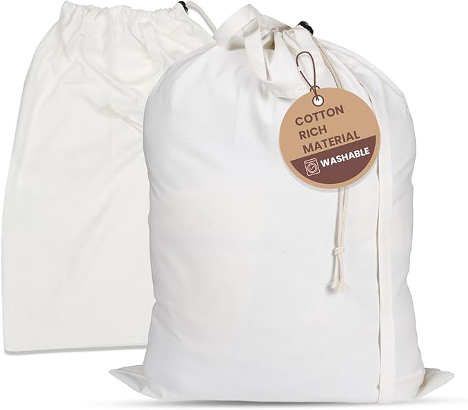 LFH Home Cotton Canvas Extra Large Laundry Bag with Handle, Stylish Drawstring Heavy Duty Laundry Bags For Travel, Home, Hotel, College Dorm and Camp Storage Bag 24x36 Inch, Machine Washable - White