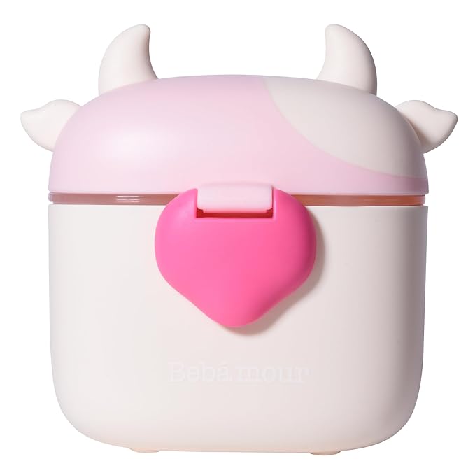 Bebamour Baby Formula Dispenser On The Go, Formula Container to Go, Formula Holder for Travel, Candy Fruit Snack Storage Container with Scoop and Leveller (Light Pink Cow)
