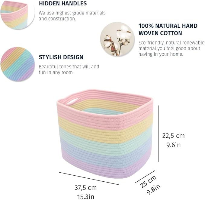 OrganiHaus Set of 3 Cute Rainbow Storage Basket for Toys & Cloths, Cotton Rope Basket for Decor, Shoe Basket Organizers, Decorative Pastel Storage Bins, Woven Storage Baskets for Organizing