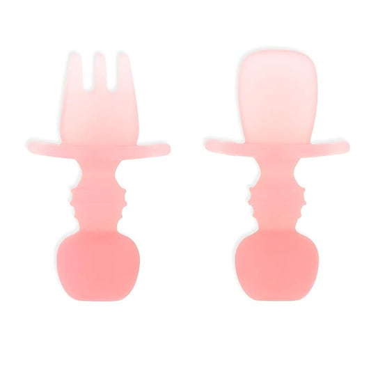 Bumkins Baby Utensils Set, Chewtensils Silicone Spoons for Dipping, Self-Feeding, Baby Led Weaning, Trainer Learning, First Stage Eating, Soft Practice Fork and Spoon, Babies 6 Months, Pink Jelly