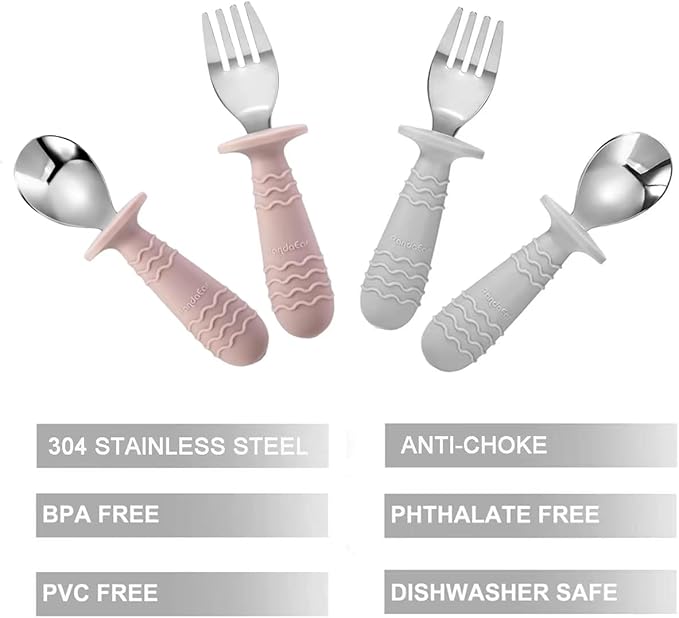 PandaEar 4 Set Baby Toddler Silicone Stainless Steel Utensils Silverware Spoon Fork for Baby Toddler BPA Free with Silicone Holding Anti-Choke Design (Pink&Grey)