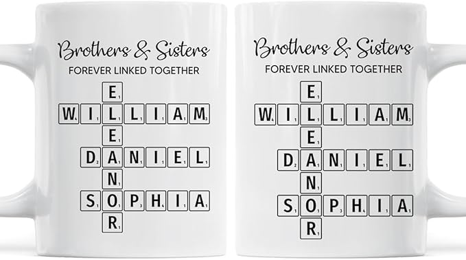 Trending Custom Brothers & Sisters Forever Linked Together Personalized White Mug Brothers Sisters Crossword Puzzle Art Mug, Gift For Brothers, Sisters, Siblings, Family Member on Birthday Christmas