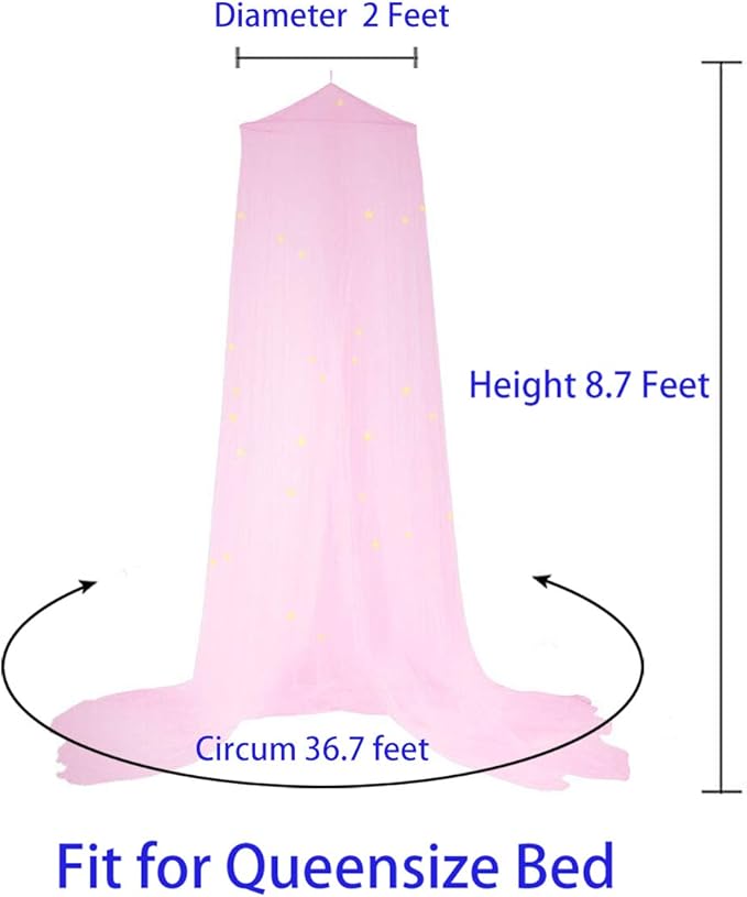 BCBYou Bed Canopy Mosquito Net with Fluorescent Stars Glow in Dark for Baby, Kids, and Adults, for Cover The Baby Crib, Kid Bed, Girls Bed Or Full Size Bed (Pink)