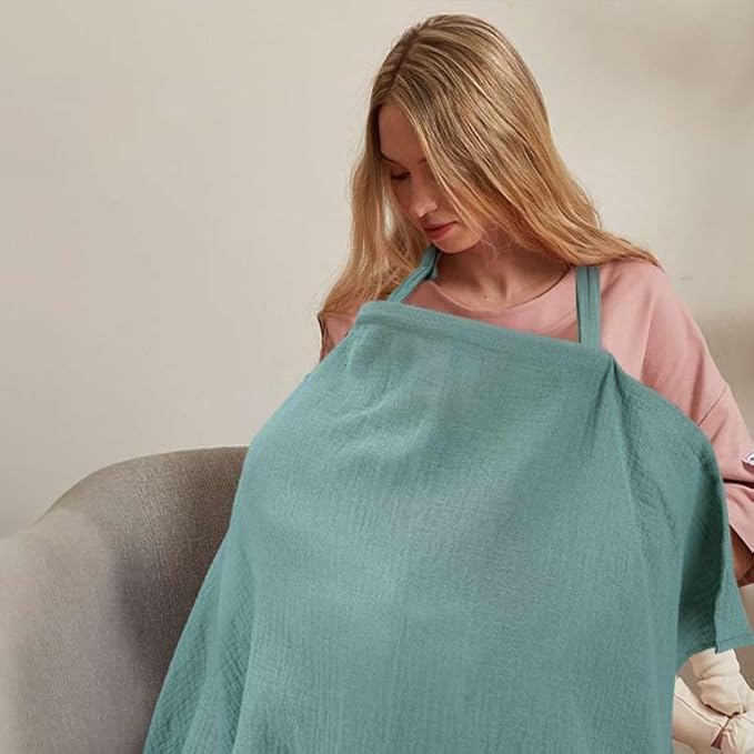 Muslin Nursing Cover for Breastfeeding, Privacy Breathable Breastfeeding Cover with Arch Neckline for Mom, 100% Cotton Nursing Apron, Green
