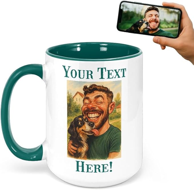Personalized Coffee Mug, Custom Photo Caricature Gift, Funny Customized Coffee Gift for Men & Women, Custom Mugs with Pictures, Green 15oz Father's Day Mug
