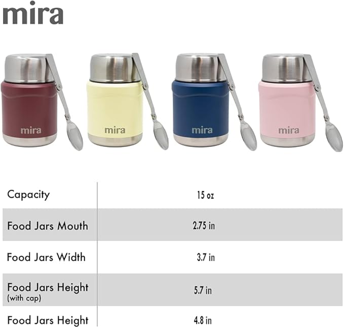 MIRA 15 oz Insulated Food Thermos for hot and cold foods - Leak-Proof Stainless Steel Container with Spoon - Hawaiian Blue