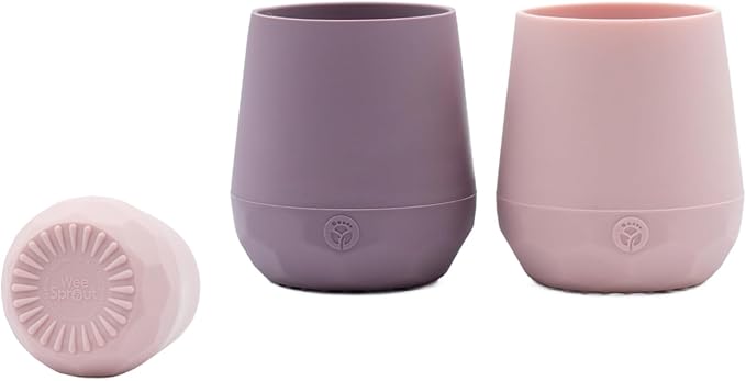 WeeSprout Silicone Baby Training Cups - Set of 2 Soft Silicone Cups - 2 oz Open Cup for Baby 6+ Months - Non-Slip Grip, Weighted Base - Gentle on Gums & Teeth (Matte Pink & Matte Purple)