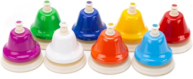 Desk Bells for Kids - 8 Note Colorful Metal Handbells Set with Handle - Educational Teaching and Learning Instruments - Musical Toys for Toddlers Children