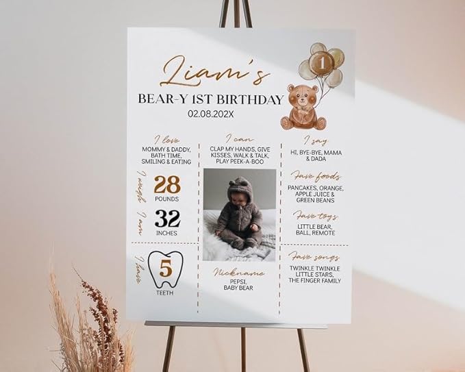 Generic Personalized Beary First Birthday Milestone Poster, Teddy Bear Photo Milestone Sign, Boho Brown Bear Party Stats Board, Design 08
