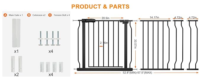 Extra Wide Baby Gate Extra Wide Extra Tall Dog Gates for Stairs Doorways Black Metal Tension Indoor Safety Gates with Pressure Mount 53-57.5 Inch