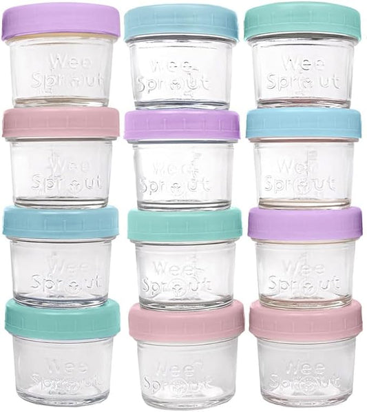 WeeSprout Baby Food Storage Glass Jars w/Lids (4 oz, 12 Pack) Pastel Variety, Snack, Reusable Small Containers, Fridge or Freezer, Microwave & Dishwasher Safe, Essentials for Infants