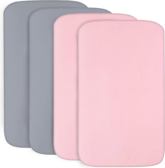 4-Pack Fitted Pack and Play Sheets for Boys and Girls - Breathable, Soft Microfiber Baby Sheets in Grey and Pink