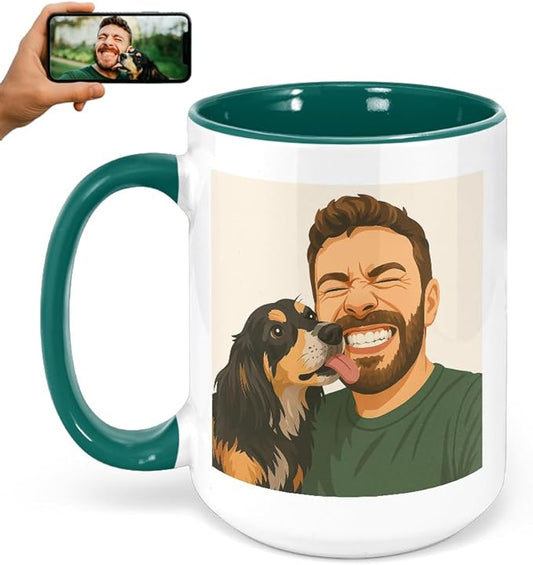 Personalized Coffee Mug, Custom Drawing Portrait Gift, Funny Customized Coffee Gift for Men & Women, Custom Mugs with Pictures, Green 15oz Customized Ceramic Tea Cup