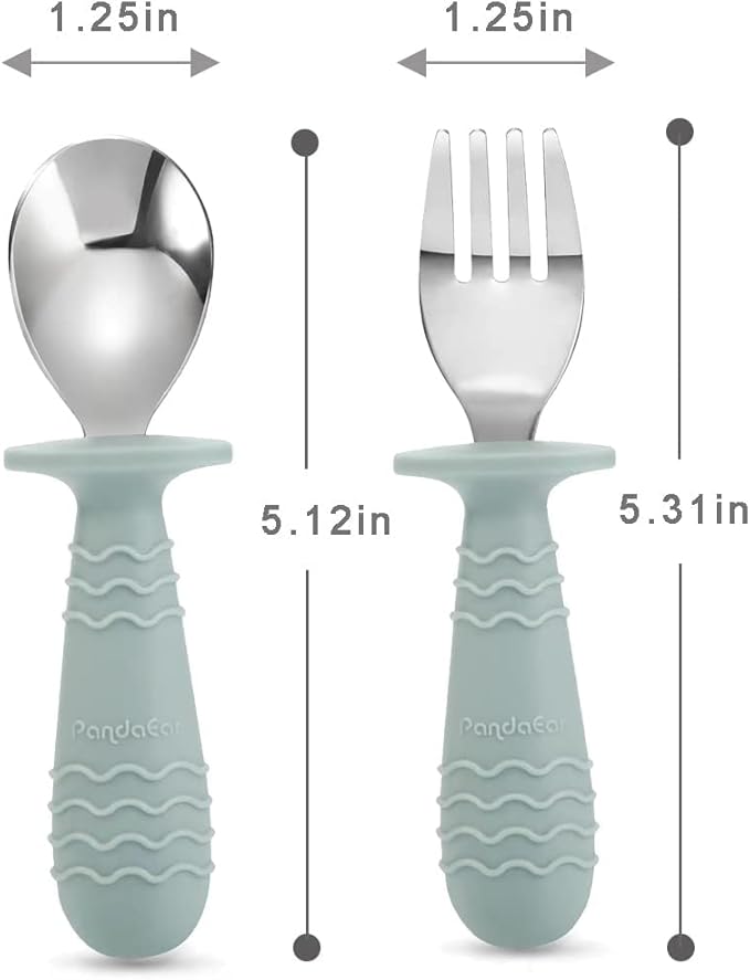 PandaEar 6 Pieces Baby Toddler Silicone Stainless Steel Utensils Silverware Spoon Fork for Baby Toddler BPA Free with Silicone Holding Anti-Choke Design (Blue Pink White)