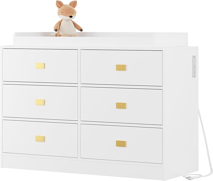 Dresser for Bedroom with 6 Drawers, Changing Table Dresser with Power Outlets, Soft Changing Pad & Removable Top, Baby Dresser with Changing Table Top for Nursery, White