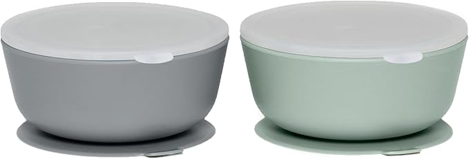 WeeSprout Suction Bowls for Baby & Toddlers (Set of 2) - 100% Silicone w/Plastic Lid - Leak Proof Feeding Supplies - Dishwasher & Microwave Safe Infant Dinnerware w/Extra Strong Base