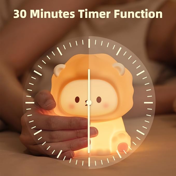 Cute Lion Night Light for Kids, Rechargeable Nursery Lamp with Timer, 3 Brightness Levels & Warm Light, Soft Silicone Baby Night Light, Tap Control, Gift for Toddlers