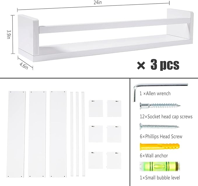AZSKY Nursery Bookshelves White, 24 Inch Floating Bookshelves for Wall Set of 3, Baby Kids Decor, Solid Wood Wall Mounted Shelves for Books, Toys and Decor Storage