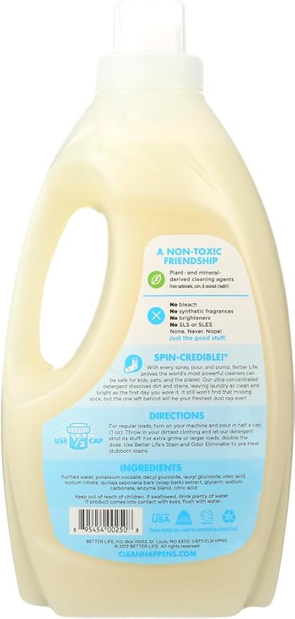 BETTER LIFE Laundry Detergent - Concentrated Liquid Laundry Soap for Automatic Washing Machine - Gentle Unscented Laundry Supplies for Sensitive Skin - 64oz
