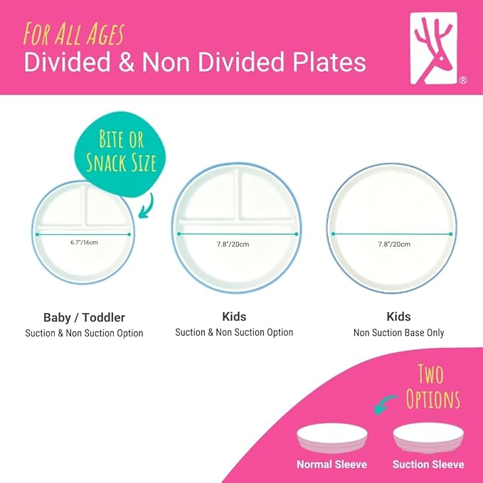 Elk and Friends Kids 7.8” Porcelain Divided Plates with Silicone Suction Sleeves | Suitable for Kids/Toddlers | Microwave & Dishwasher Safe | Non Slip | Snack Dishes | 2 Pack