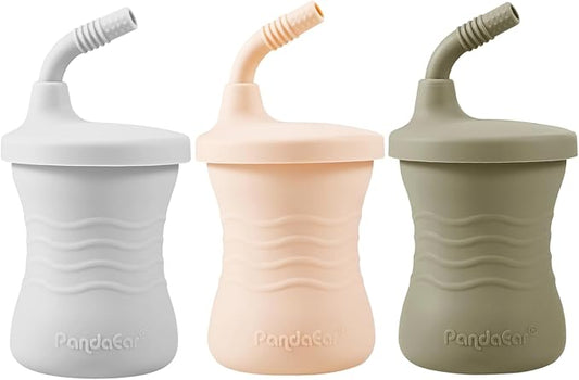 PandaEar Silicone Training Cup, 3 Pack Baby Drinking Sippy Cups with Straw for Baby and Toddler 6 Months+ (Brown/Pink/Gray)