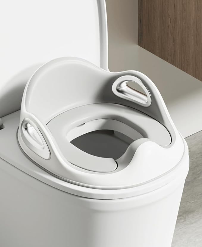 Potty Training Toilet Seat, Toddler Toilet Seat Attachment with Safety Handles, Detachable Soft Cushion, Anti-Slip Design and Splash Guard, Baby Toilet Seats for Kids, Boys and Girls (Grey)