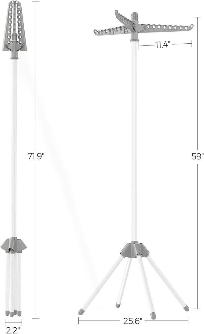 SONGMICS Clothes Drying Rack, 59-Inch Folding Laundry Drying Rack with 3 Rotatable Arms for Hangers, 4 Legs, Stainless Steel, for 27 Pieces of Clothes, Gray and White ULLR510G01