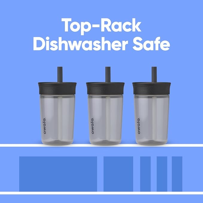 Owala Kids BPA-Free Plastic Tumbler with Spill Resistant Flexible Straw, Easy to Clean, Kids Water Bottle, Great for Travel, Dishwasher Safe, 15 Oz, Black and Gray (Skate Park)