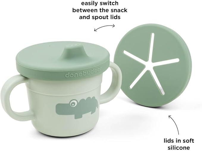 Done by Deer Foodie Spout & Snack Cup Croco Green – Spill-Proof Toddler Cup with Soft Silicone Lid – Durable, Easy to Clean, and Perfect for 6-Month-Olds