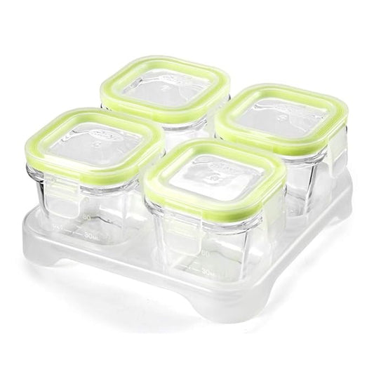 Matyz 4-Pack Glass Baby Food Storage Containers with Airtight Lids and Stackable Tray (Green, 3 OZ Each) - Small Freezer Storage Containers for Baby On The Go - Air Tight Food Storage Containers